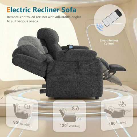 Side view of Electric Recliner Sofa Couch With Power Recline, 3 Seater Loveseat in Plush Chenille, adjustable positions shown.