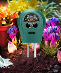 Soil Tester 3 In 1 Moisture Meter Light And pH Meter for home garden use, green device measuring soil in flowerbed