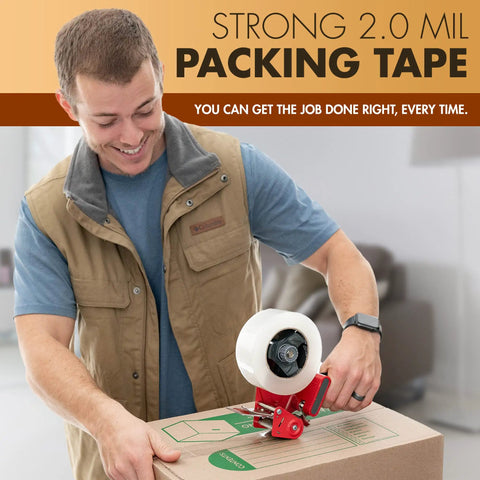 Man using Industrial Grade Heavy Duty Clear Packing Tape Pack 6 Rolls Each 110 Yards 3 Inch Wide 2.0 Mil Thick BOPP Adhesive.