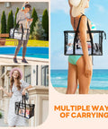 Clear Beach Tote Bag See Through PVC Waterproof Design Stadium Approved For Women Extra Large Transparent Shoulder Bag held poolside and in beach setting