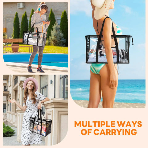 Clear Beach Tote Bag See Through PVC Waterproof Design Stadium Approved For Women Extra Large Transparent Shoulder Bag held poolside and in beach setting
