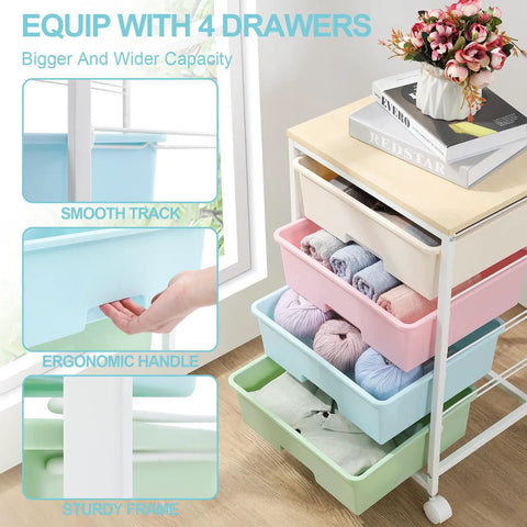 Rolling Storage Cart With Four Large Drawers And Wooden Top, Durable Powder-Coated Mobile Utility Cart On Wheels With Rainbow Finish