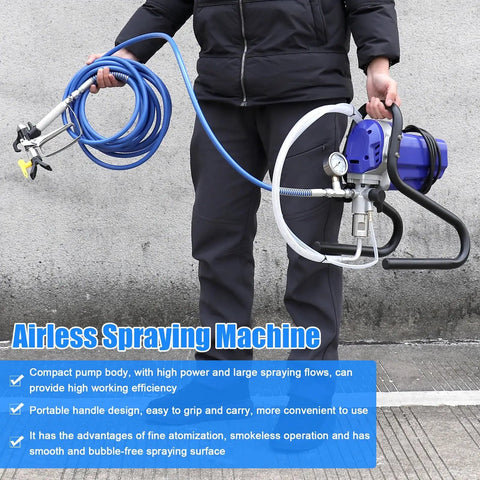 No Sweat Heavy Duty Airless Paint Sprayer With 750W Motor And 6000 Psi High Pressure Pump for DIY coating, held by person with hose.