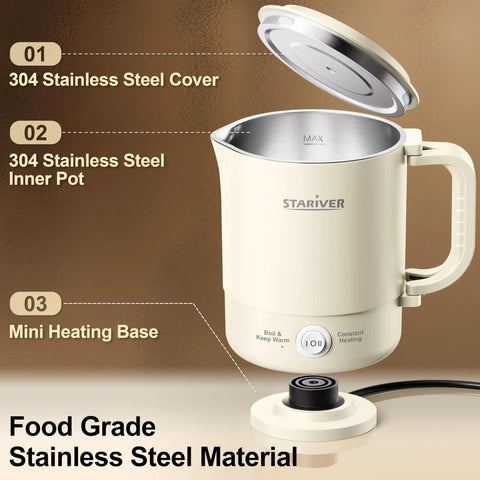 Grab And Go Portable Travel Kettle 600ml With Foldable Handle Electric Kettle Food Grade Stainless Steel Collapsible Water Boiler Dual Modes Compact Kettle For RV Camping Beige Design showcasing open lid and heating base