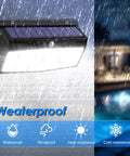 Weatherproof LED Solar Lights Outdoor Motion Sensor With 3 Lighting Modes in use, mounted on wall in rain