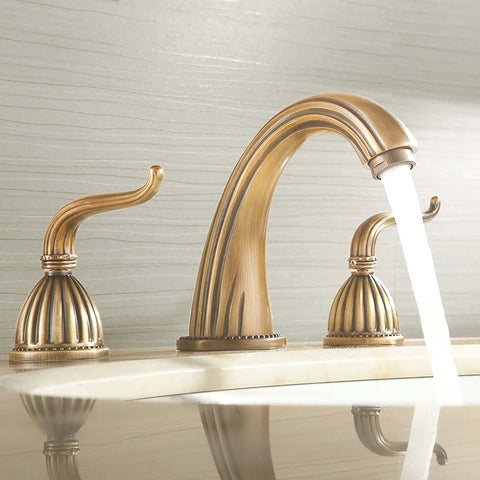 Antique Brass Two-Handle Three-Hole Bathroom Sink Faucet With Drip-Free Solid Brass Construction Hot And Cold Water Mixing Classic Vanity Tap Matching Metal Pop-Up Drain Assembly For Easy Install