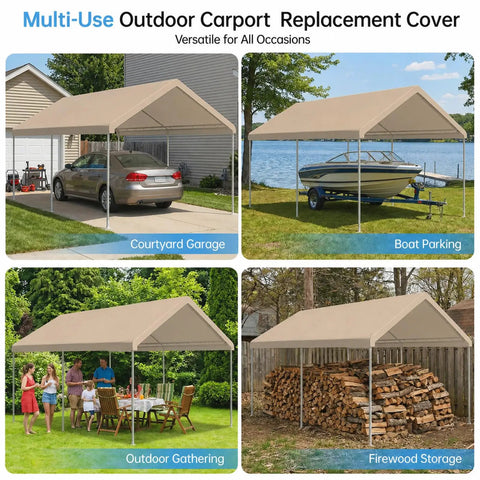 10x20 Ft Carport Replacement Canopy Top 800D Oxford Heavy Duty Waterproof Tarp Cover With 36 Ball Bungees And UV Protection