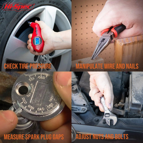 Using 65 Piece Compact Auto Garage Tool Kit With Digital Tire Pressure Gauge for tire pressure, spark plug gap, and bolts.