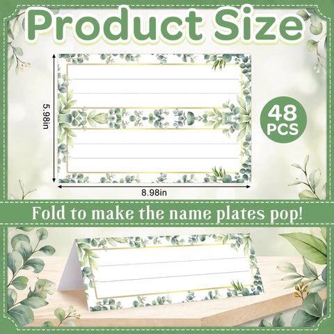 48 Pcs Tented Desk Nameplates Set For Students, 9 By 3 Inch Eucalyptus Style Reusable Name Tags with foldable design.