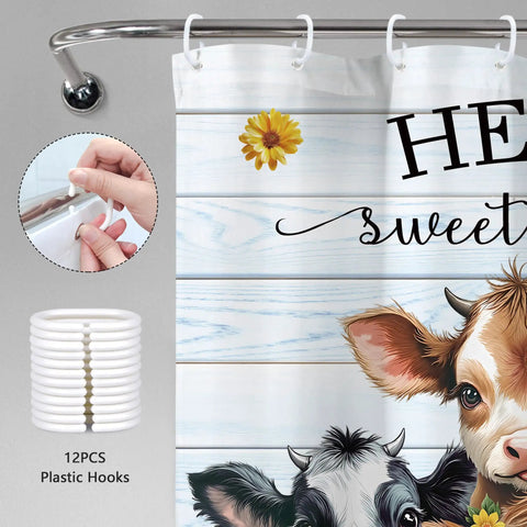 Funny Highland Cow Shower Curtain 60x72 Inches Farmhouse Floral Cute Cows Light Blue Plank Bucket Bath Time Vibes Decor Polyester With 12 Hooks Included Water Resistant Quick Dry