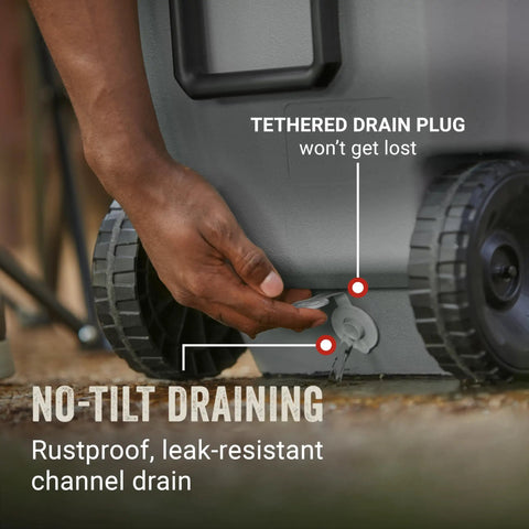Close-up of drain plug and wheels on Insulated Rolling Cooler With Wheels That Keeps Ice For Days, Leak-Resistant Hard Ice Chest.