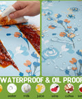 Waterproof Picnic Table Cover repelling liquids including oil and water, floral design, easy clean for outdoor use.