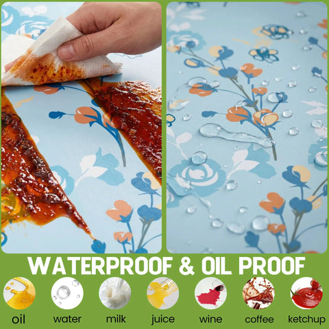 Waterproof Picnic Table Cover repelling liquids including oil and water, floral design, easy clean for outdoor use.