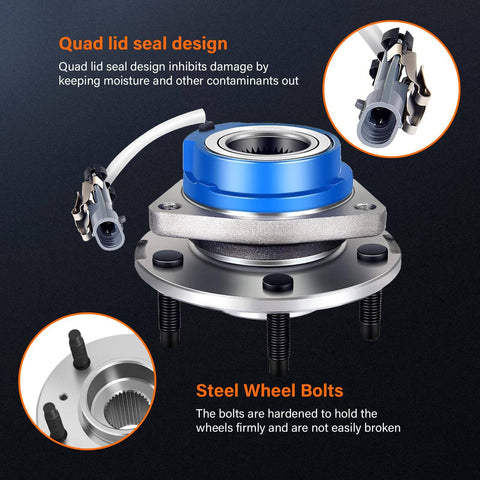 Front Wheel Hub Bearing Assembly 513121 for Buick Regal, ABS 5-lug with quad lid seal design and steel wheel bolts
