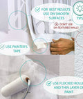 Instructions for using Birch Forest Wall Stencil XL 24x37 In showing painter's tape and roller on smooth surfaces