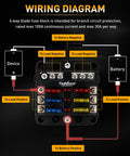 Wiring diagram of Pro Level 6 Way Fuse Block With Rugged Waterproof Build And Snappy Led Alerts, showing connections and fuse placements.