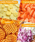 Nogeqi Crinkle Cutter collage shows four veggie cuts: crinkle potatoes, carrot chunks, lattice fries, chopped onions.