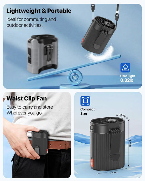 Ultra Strong 6600RPM Portable Waist Fan With 4 Speeds And 25 Hour Battery Life shown as lightweight, compact, and hands-free.