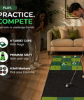 Indoor Putting Green Mat With Four Cups And Target Zones For Home Practice, 9ft By 2.5ft Portable Golf Training Aid setup