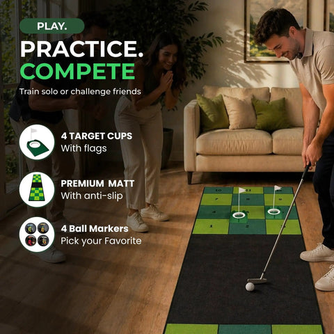 Indoor Putting Green Mat With Four Cups And Target Zones For Home Practice, 9ft By 2.5ft Portable Golf Training Aid setup