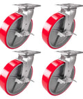 Four 8 Inch Swivel Lock Casters with Polyurethane on Cast Iron Wheels Red Finish 1100 Lb Load Capacity