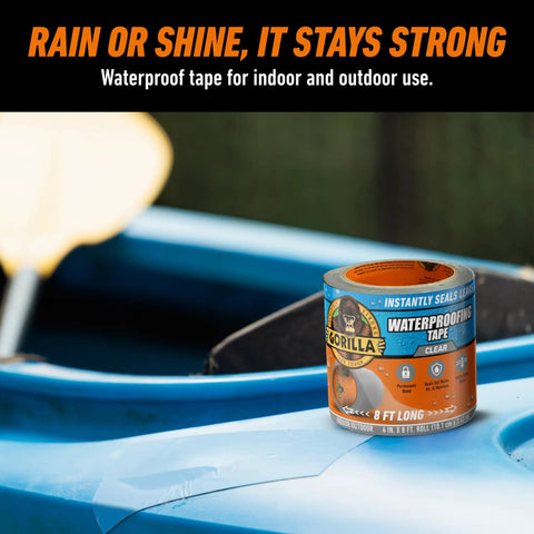Clear Waterproof Patch And Seal Tape 4 Inch By 8 Foot Pack Of 4 on blue kayak demonstrating weatherproof sealing capacity.