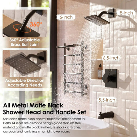 Fresh Matte Black Shower Trim Kit For Tub And Bath Smooth Turn Handle Set With Six Inch Rain Shower Head Sick Looking Modern Bathroom Faucet Conversion Valve Cartridge Not Included