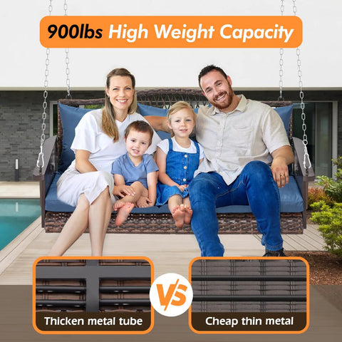 Family sitting on Upgraded Wicker Hanging Porch Swing For Patio, Heavy Duty 900 Lb Capacity, 3 Seat Outdoor Swing Bench For Adults