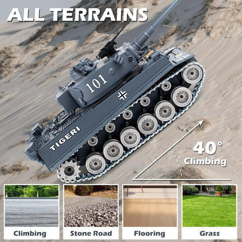 1 18 Scale Alloy German Tiger I RC Tank climbing a slope with smoke, lights, realistic sounds, and terrain adaptability