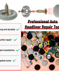 65 Piece Car Roof Headliner Repair Kit With 262 Snap Rivets And Retainer For Interior Ceiling Cloth Fixing Buckle And DIY Ready Installation Tool In Grey Flannelette, showing repair tools and accessories.