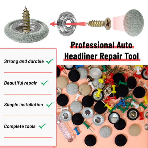 65 Piece Car Roof Headliner Repair Kit With 262 Snap Rivets And Retainer For Interior Ceiling Cloth Fixing Buckle And DIY Ready Installation Tool In Grey Flannelette, showing repair tools and accessories.