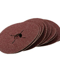 Fifty Piece Pack Of Four Point Five Inch Coarse Fiber Sanding Discs Thirty Six Grit Abrasive Wheels stacked showing their textured surface.