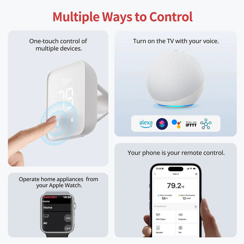 User controls devices via Hub 2 2nd Gen Smart Home Hub With Thermometer Hygrometer IR Remote Light Sensor Wi Fi 2.4GHz Bridge.