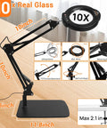 10X Magnifying Glass With Light And Stand, 84 LEDs, 2 In 1 Magnifier Lamp With Clamp, detailed dimensions and adjustable arm design