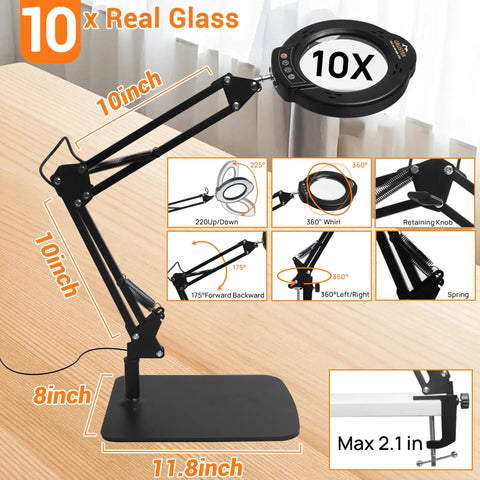10X Magnifying Glass With Light And Stand, 84 LEDs, 2 In 1 Magnifier Lamp With Clamp, detailed dimensions and adjustable arm design
