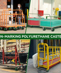 Collage of industrial carts with non-marking polyurethane casters in various settings.