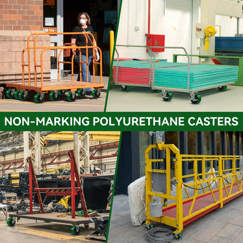 Collage of industrial carts with non-marking polyurethane casters in various settings.