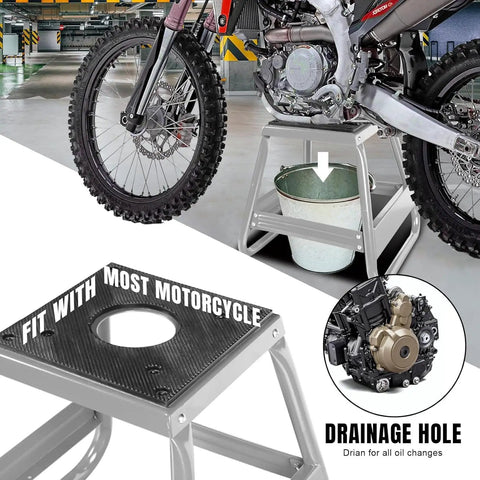 Heavy Duty Dirt Bike Stand With 1000 Lb Capacity Universal Detachable Motorcycle Lift For Maintenance with oil drain hole.
