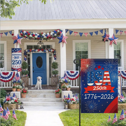 250 Anniversary USA Garden Flag Double Sided Waterproof 12x18 Inch Patriotic Yard Sign Commemorating 1776 2026 in front of porch