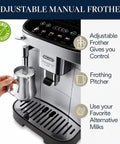 Adjustable manual frother on renewed espresso machine for crafting coffee, featuring frothing pitcher and controls.