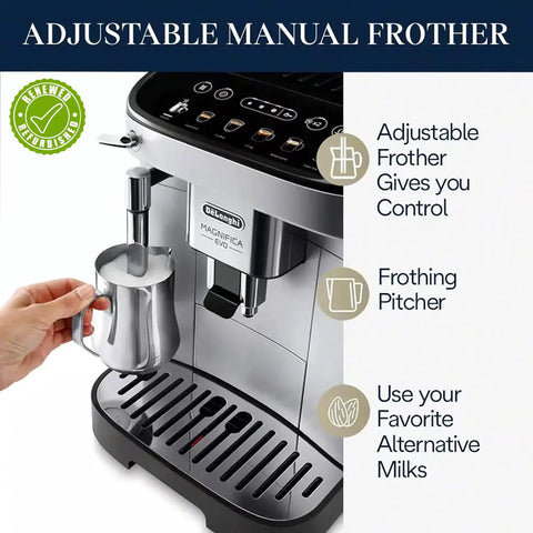 Adjustable manual frother on renewed espresso machine for crafting coffee, featuring frothing pitcher and controls.