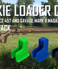 Two Pack Quickie Magazine Loader For CZ And Savage Rifle Magazines, ergonomic speed loader in red, green, blue, and black