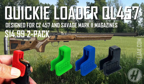 Two Pack Quickie Magazine Loader For CZ And Savage Rifle Magazines, ergonomic speed loader in red, green, blue, and black