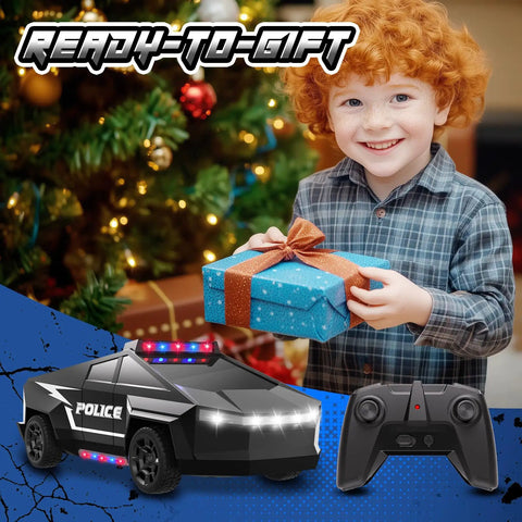 Smiling child holding a gift with All Terrain RC Police Car Toy One Twenty Two Scale With 2 Point 4 GHz Remote in foreground