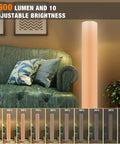 Music Sync RGBIC Floor Lamp with Dimmable LEDs next to green sofa in living room, showcasing brightness levels
