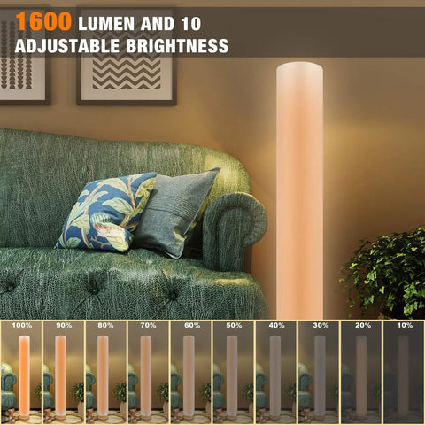 Music Sync RGBIC Floor Lamp with Dimmable LEDs next to green sofa in living room, showcasing brightness levels