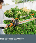 Person using 22 inch hedge trimmer from 20V Cordless Yard Work Ready Bundle 12 Inch Trimmer Edger 22 Inch Hedge Trimmer Plus 360 CFM Leaf Blower