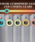 Under Desk Space Heater for Office and Home with 5 color atmosphere lights and 4 timing gears, showing control panel details.