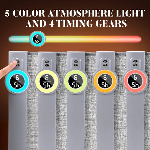 Under Desk Space Heater for Office and Home with 5 color atmosphere lights and 4 timing gears, showing control panel details.