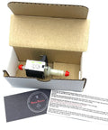 Front view of MacMaxe ULKA HF replacement water pump for espresso machines, with red inlet/outlet fittings.